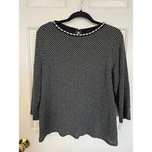 Elle Womens XL Pearl Embellished Blouse 3/4 Sleeve Collar Black White Pattern